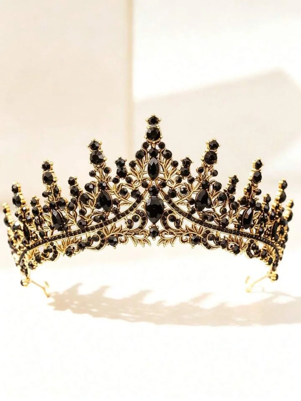 Gold and Black Jeweled Tiara Crown - Elegant Women's Headpiece